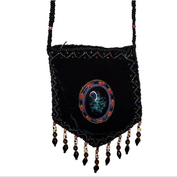 Vintage Velvet Amulet Front Beaded Boho Cross Body Medicine Coin Bag - Picture 1 of 9